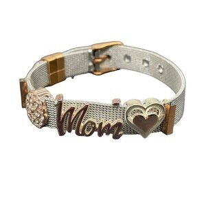 LACN Mom Heart Rhinestone Mesh Chain Bangle Bracelet Adjustable Silver Gold Tone